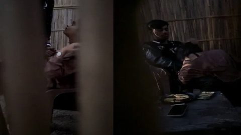 Lovers in restaurant having romance and GF sucking dick