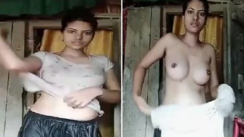 Slim village girl striptease after bath nude MMS